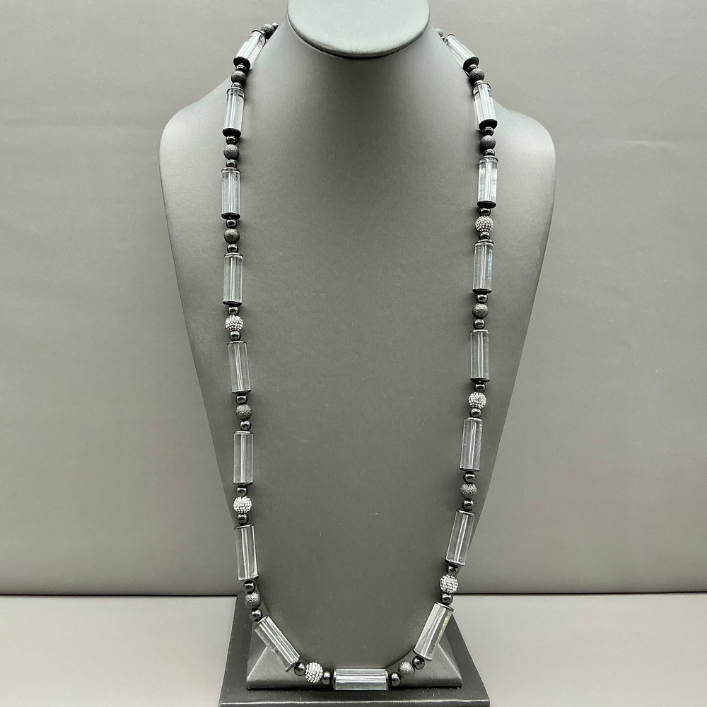 Chico's Necklace Women Black Clear Cylinder Beaded Pave Accents Adjustable Long